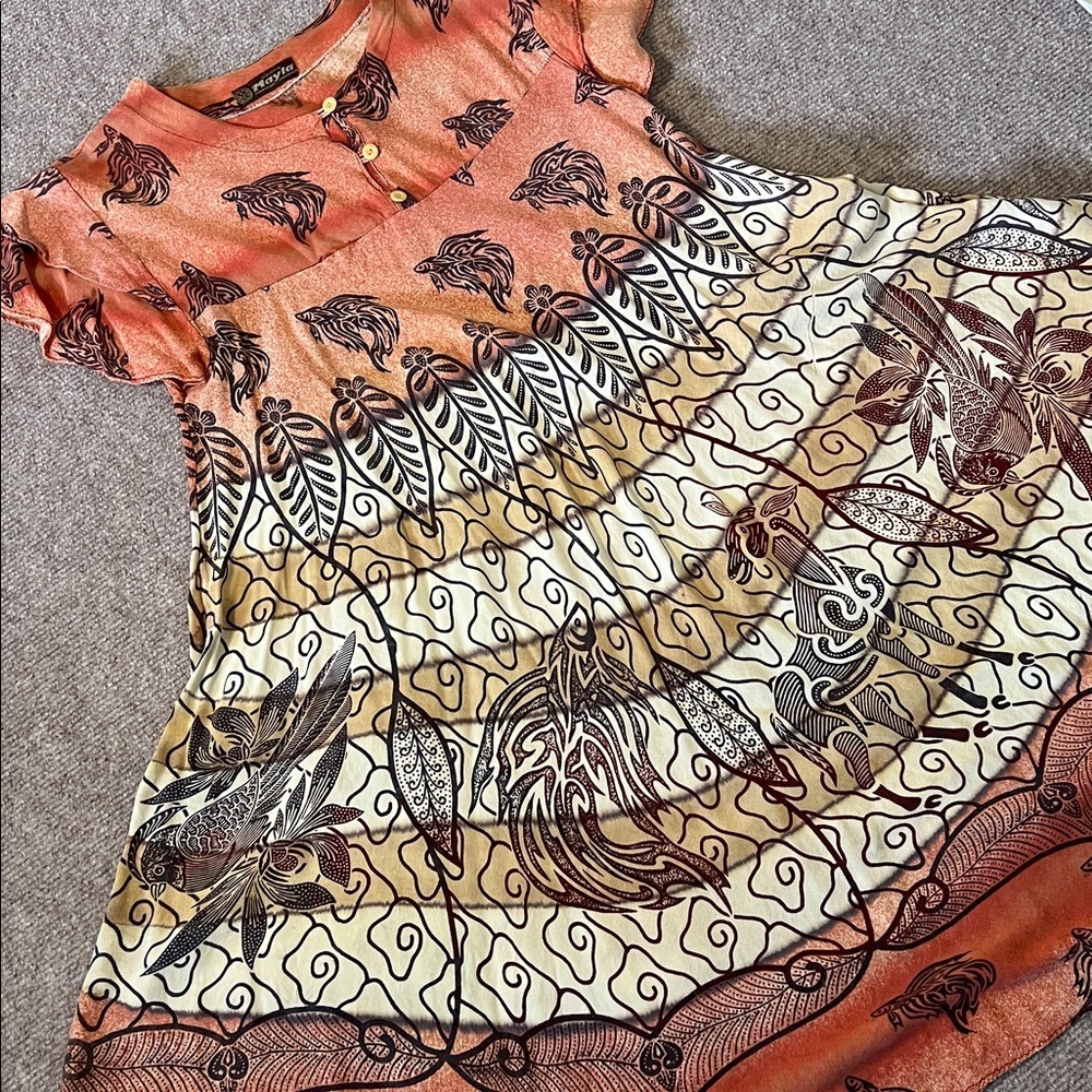 Tropical fish short sleeve mini dress orange brown large Mayla
